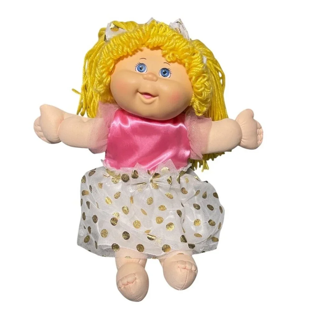 Cabbage Patch Kids Yellow Yarn Hair Doll In Pink & Gold Polka Dot Dress 2015